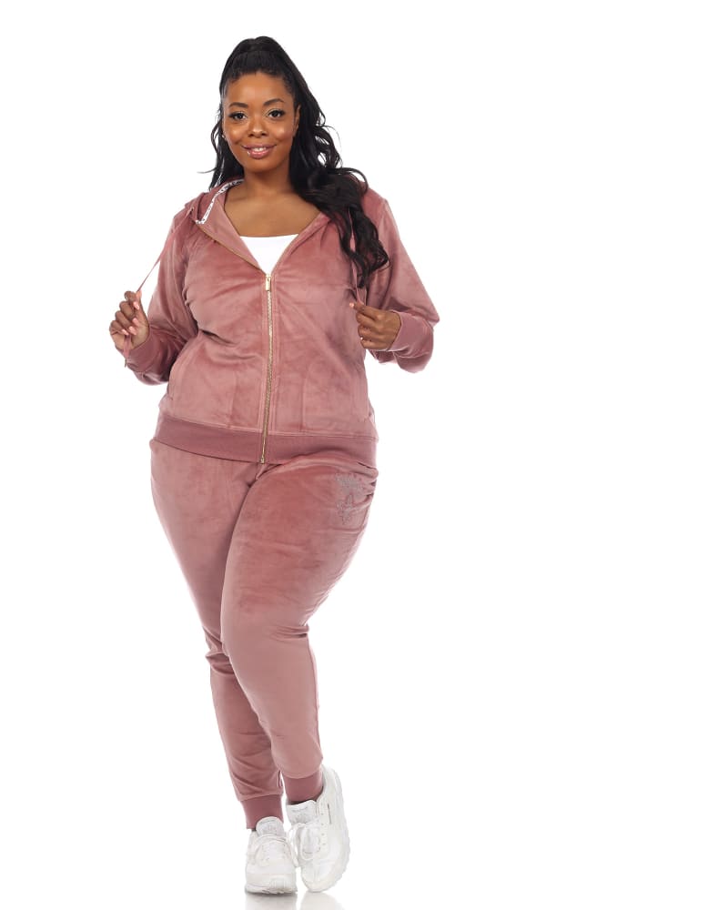 Front of a model wearing a size 1X Rhinestone 2 Piece Velour Tracksuit Set in Pink by White Mark. | dia_product_style_image_id:247848